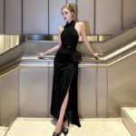 9b16ac65-c5f9-4b19-a64e-ad0784b5534c.jpg 3 D Flower Halter Dress for Women, Black Polyester, S- L