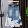 Patchwork Cotton Denim Skirt for Women, Light Blue
