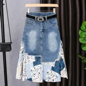 Patchwork Cotton Denim Skirt for Women, Light Blue