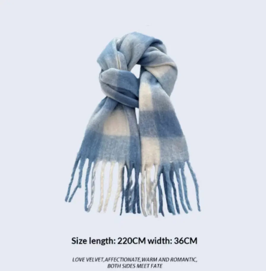 Light Blue Plaid Women’s Scarf with Tassels for Winter Wear