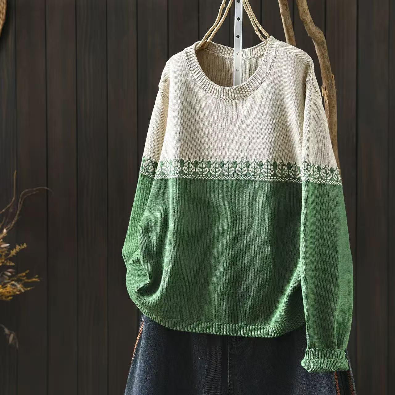 Loose Fit Preppy Crew-Neck Cotton Knit Sweater - Color Block