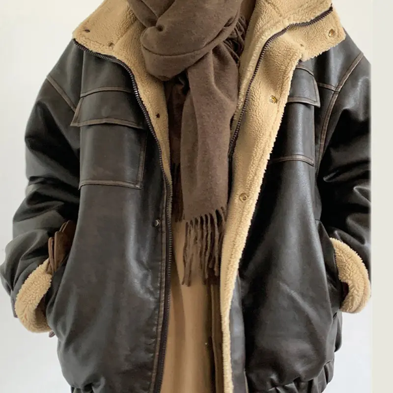 Warm Retro Lamb Fur Leather Coat with Stand Collar Warm Retro Lamb Fur Leather Coat with Stand Collar
