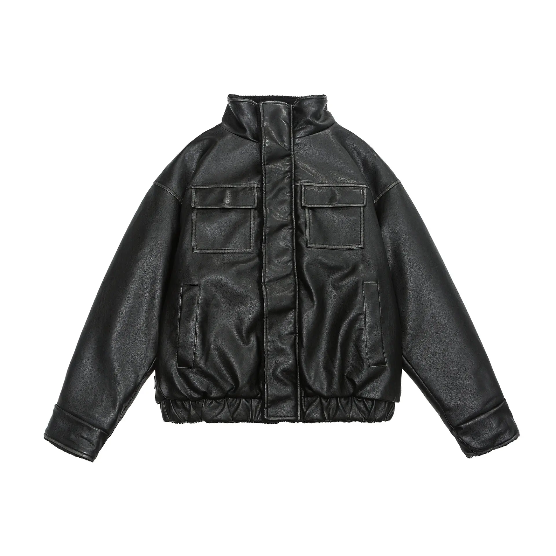 Warm Retro Lamb Fur Leather Coat with Stand Collar Warm Retro Lamb Fur Leather Coat with Stand Collar