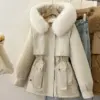 Warm Women’s Padded Coat with Large Furry Collar & Pockets