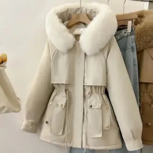 Warm Women’s Padded Coat with Large Furry Collar & Pockets
