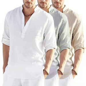 Breathable Cotton-Linen Men’s Shirt with Stand Collar