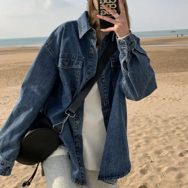Korean-Style Denim Layered Shirt Top in Dark Blue