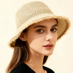 Wide Brim Fringed Woven Straw Sun Hat, Khaki Beige Travel