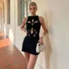Hollow Round Neck Sleeveless Lady Dress in Black Polyester