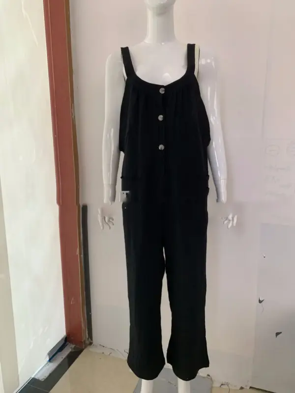 Pocket Solid Color Elastic Button Romper