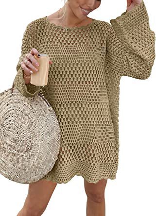 Loose Acrylic Pullover Beach Cover-Up with Bell Sleeves
