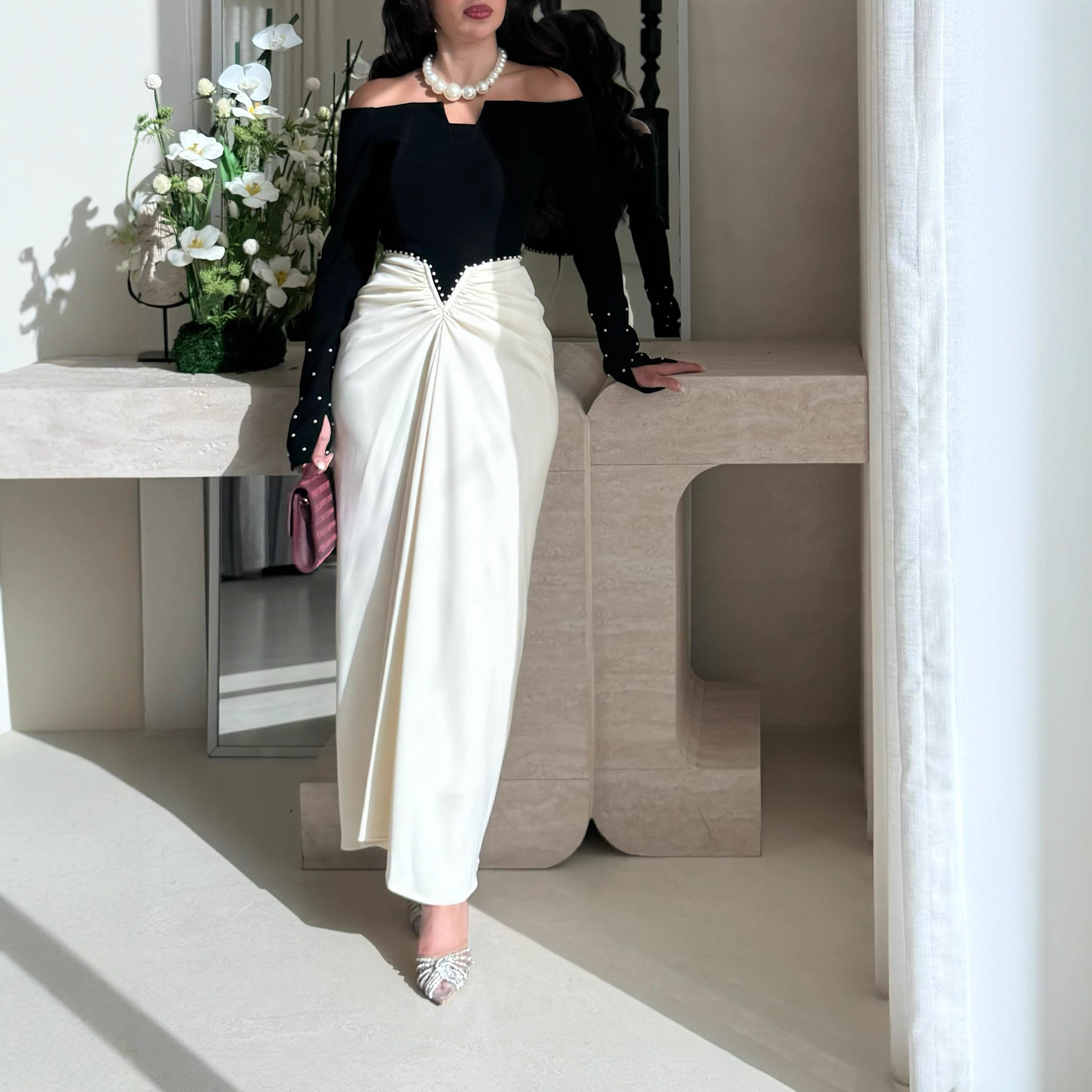 Bold Black & White Color-Block Sheath Dress with Pearls