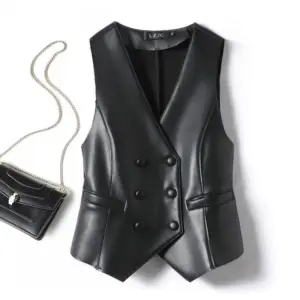 Shapely Fit Black Double-Breasted Leather Coat Vest - Slim