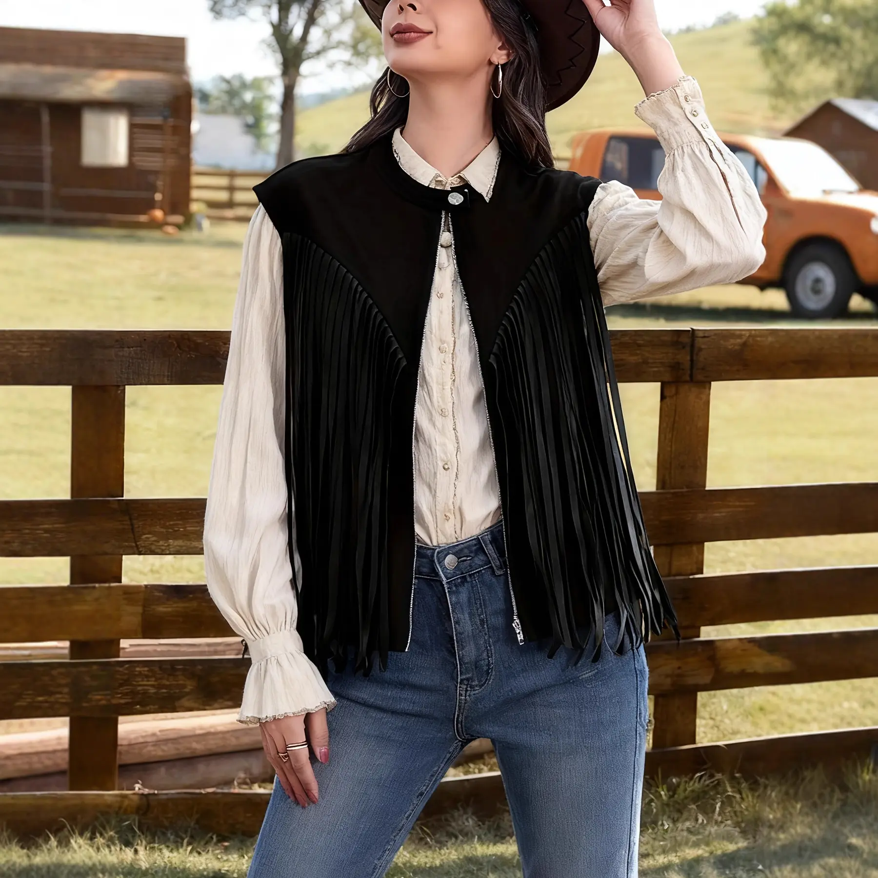 Women's Solid Color Tassel Vest Sleeveless Zipper Loose Jacket