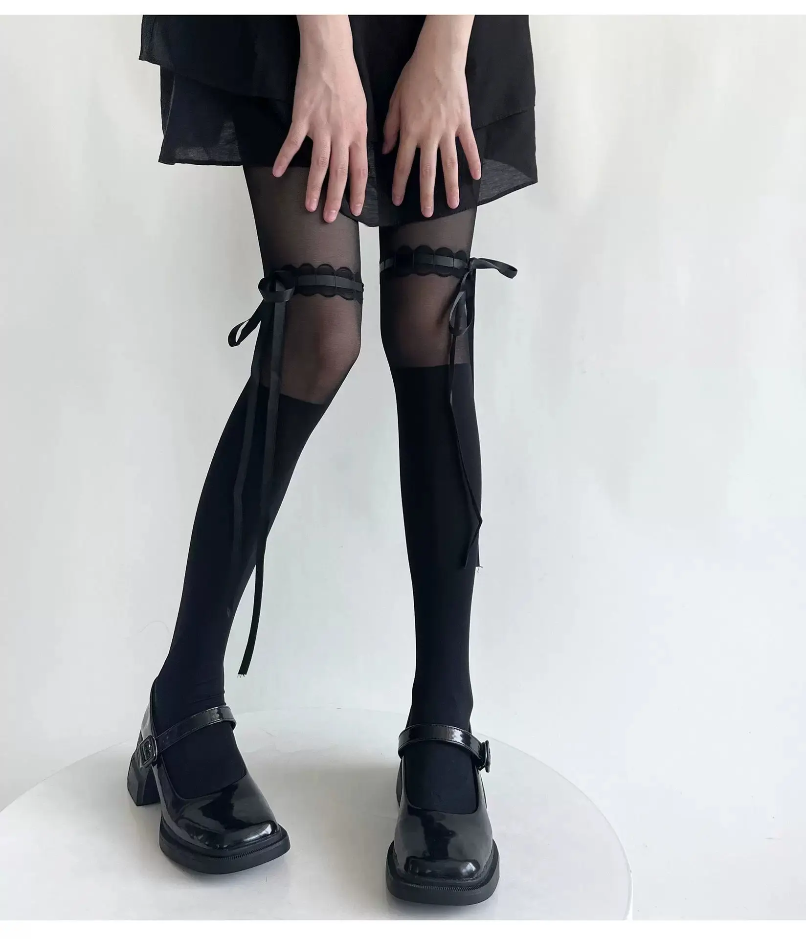 Pure Desire Style Lolita Patchwork Stockings, Summer Thin Style For Women, Slimming Bandage Bow Ballet Style Black Pantyhose