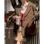 Retro Tweed Single-Breasted Coat for Women, Free Size