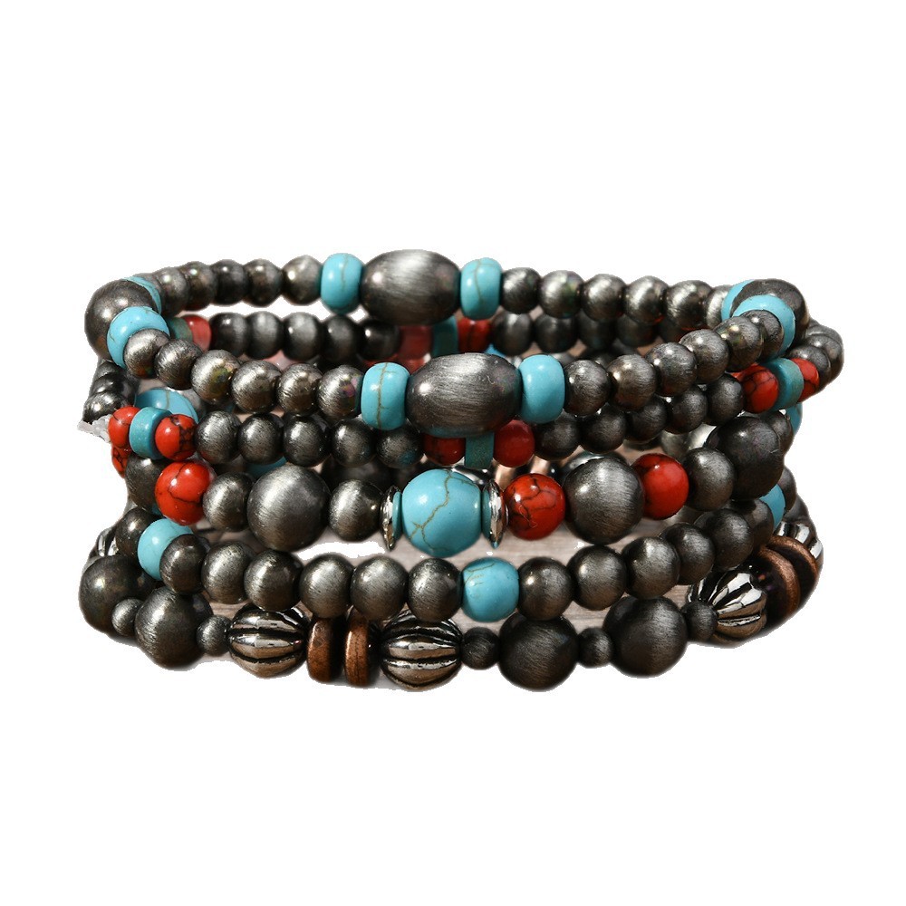 Comfort Elastic Turquoise Beaded Bracelet with Vintage U-Shape