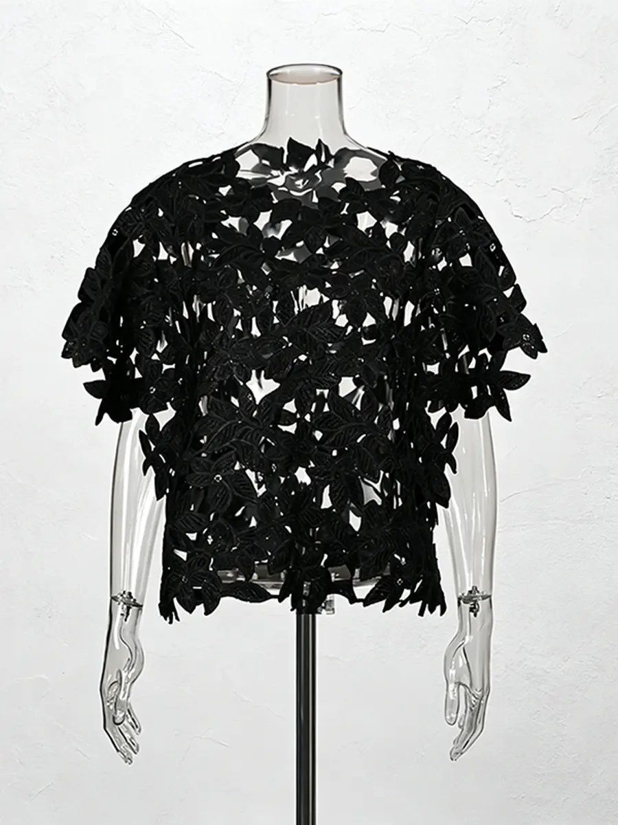 Bold See-Through Black Floral Lace Cut-Out Short Sleeve Top Bold See-Through Black Floral Lace Cut-Out Short Sleeve Top