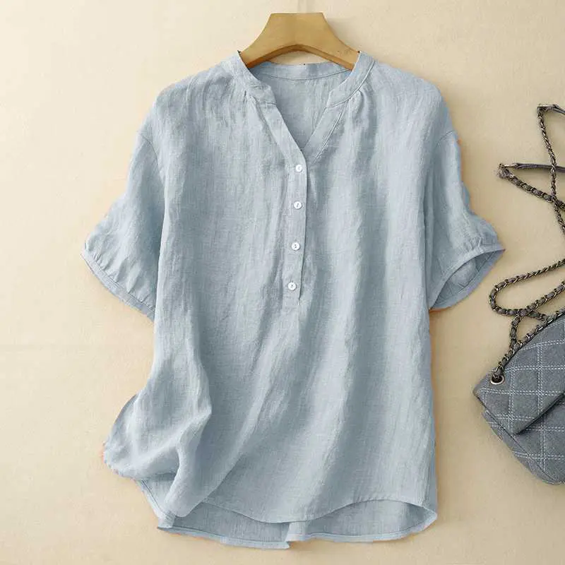 Artistic Retro Cotton-Linen Short-Sleeve Shirt with Splicing