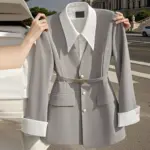 Womens Waist-Cinching Black Fake Two-Piece Blazer