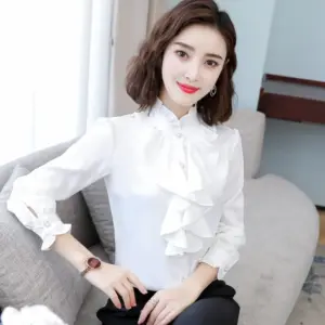 Women's New Style Long-Sleeve Shirt With Stand Collar And Ruffle Trim Top