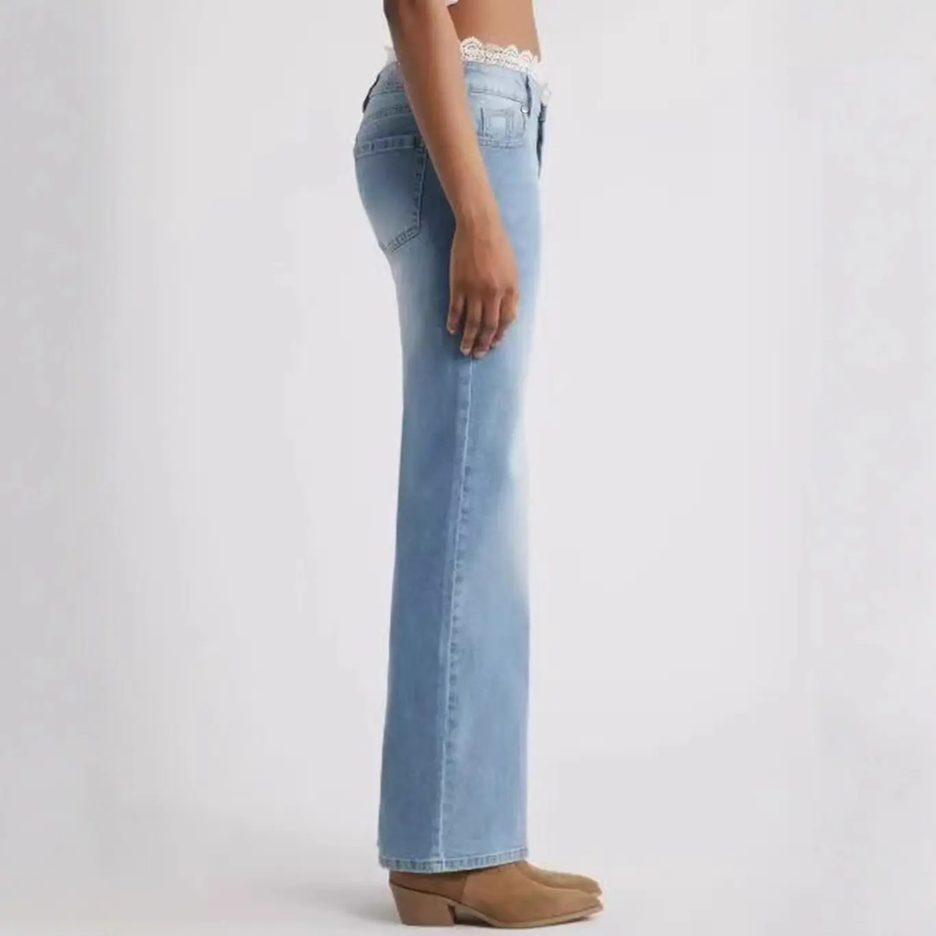 Stretch Lace-Trim Wide-Leg Denim Jeans for Women