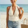 Women's Summer Fashion Beach Vacation Starfish Shell Ribbon Decorative Knitted Texture Fabric Halter Neck Strap Top