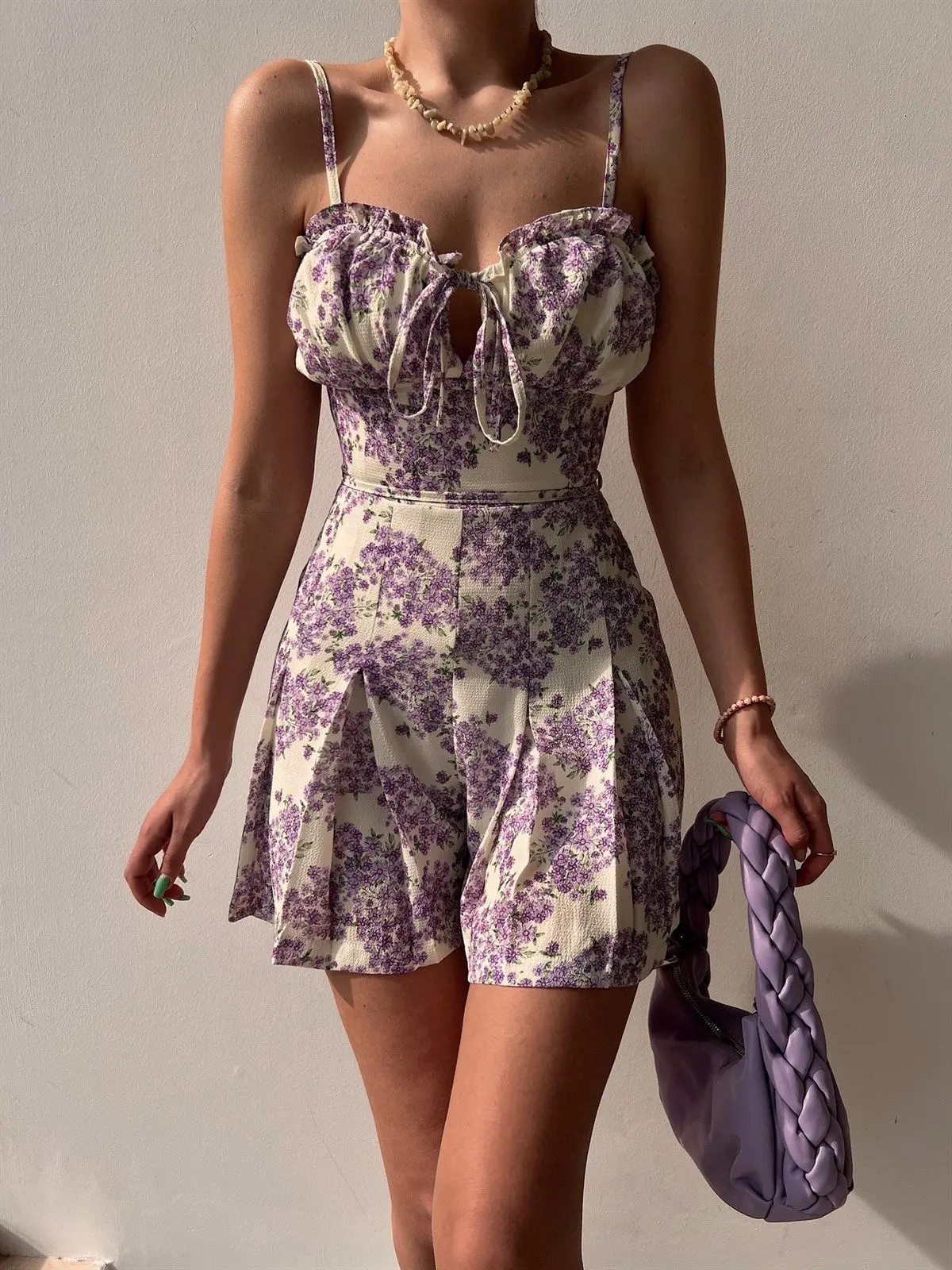 Floral Pleated Polyester Romper with Adjustable Rope Waist Floral Pleated Polyester Romper with Adjustable Rope Waist