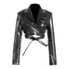 Chest-Flattering PU Leather Short Coat with Lace-Up Waist