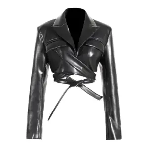 Tailored Chest Fit Lace-Up Waist PU Leather Short Coat