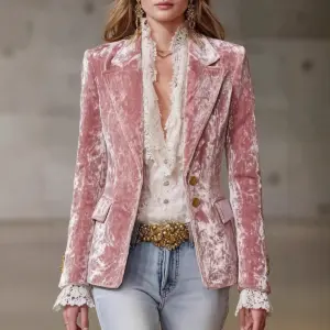Flattering Pink Velvet Slim-Fit Long-Sleeve Blazer for Women