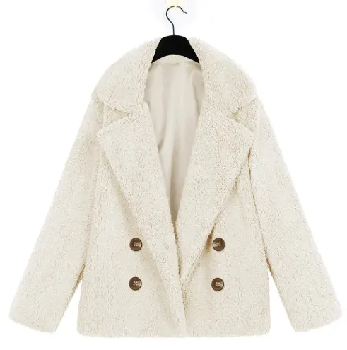 Warm Navy Plush Button Lapel Pocket Coat Shirt for Women