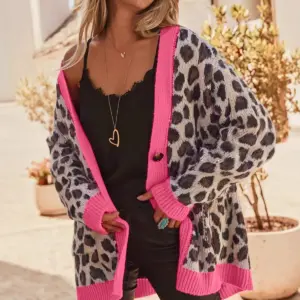 Womens Winter Long-Sleeve, Long-Style, Fashionable Leopard-Print Loose Cardigan