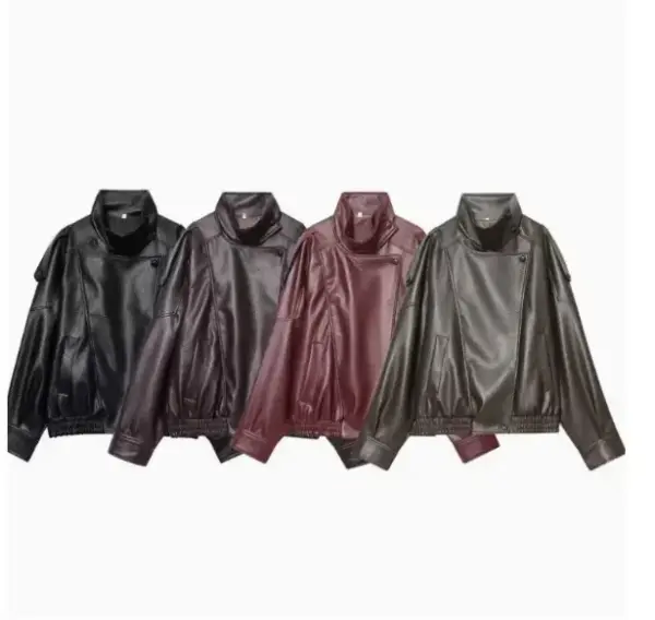 Women’s Faux Leather Jacket Stand-Up Collar Pockets