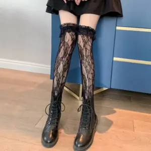 Lightweight Summer Lace Over-Knee Socks, Black & White