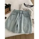 High-Waist Bow-Embroidered Blue Denim Shorts with Pockets