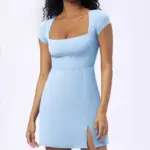 Side Slit Slimming A- Line Lady Slim Fit Square Collar Half Sleeve Dress