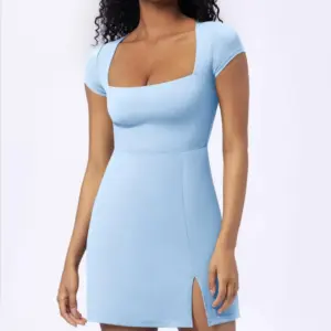 Side Slit Slimming A- Line Lady Slim Fit Square Collar Half Sleeve Dress