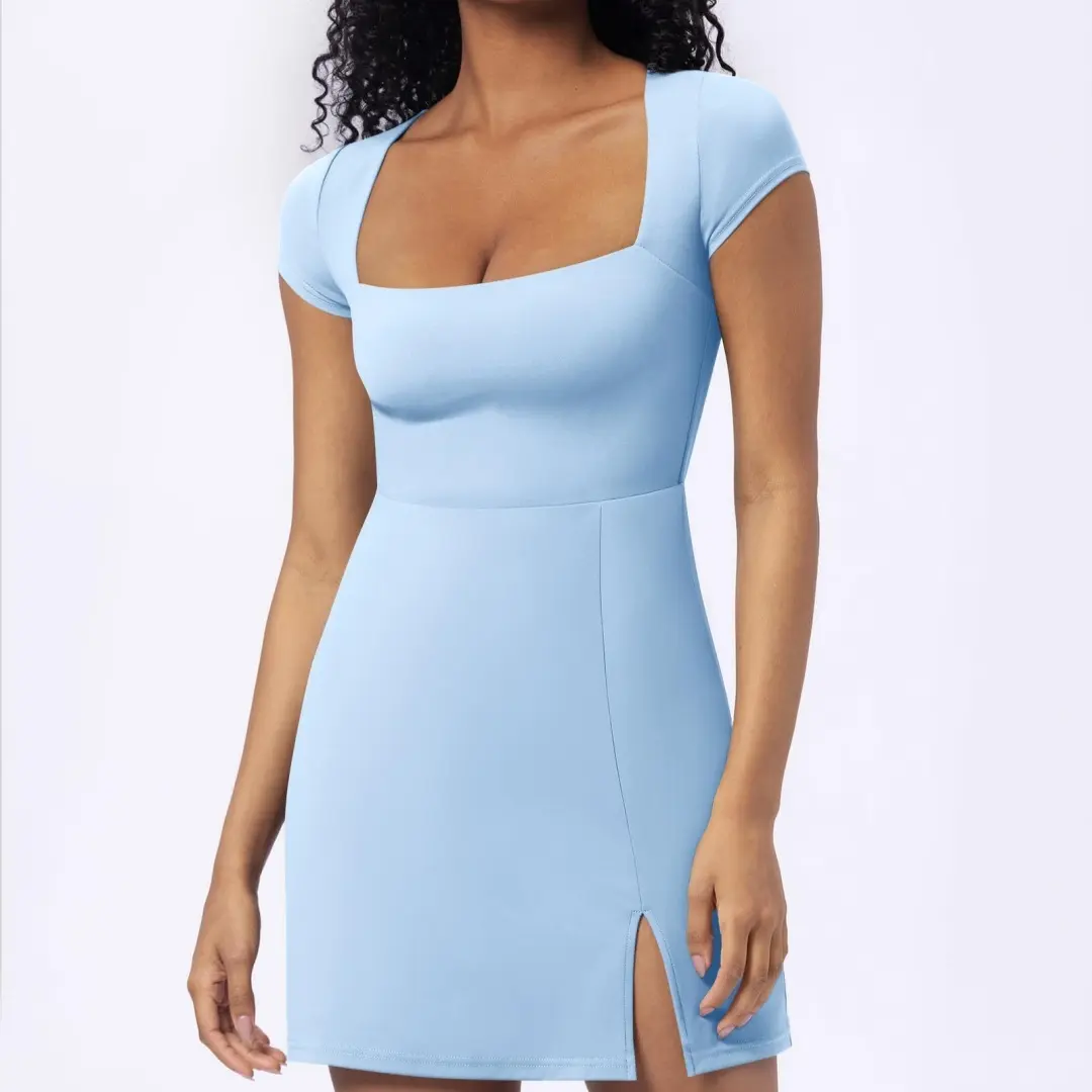 Side Slit Slimming A- Line Lady Slim Fit Square Collar Half Sleeve Dress