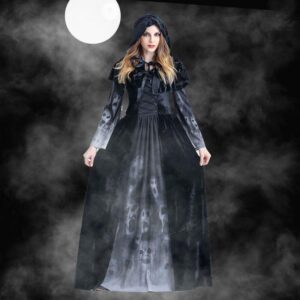 Spooky Gothic Witch Maxi Dress for Women, Black Hooded