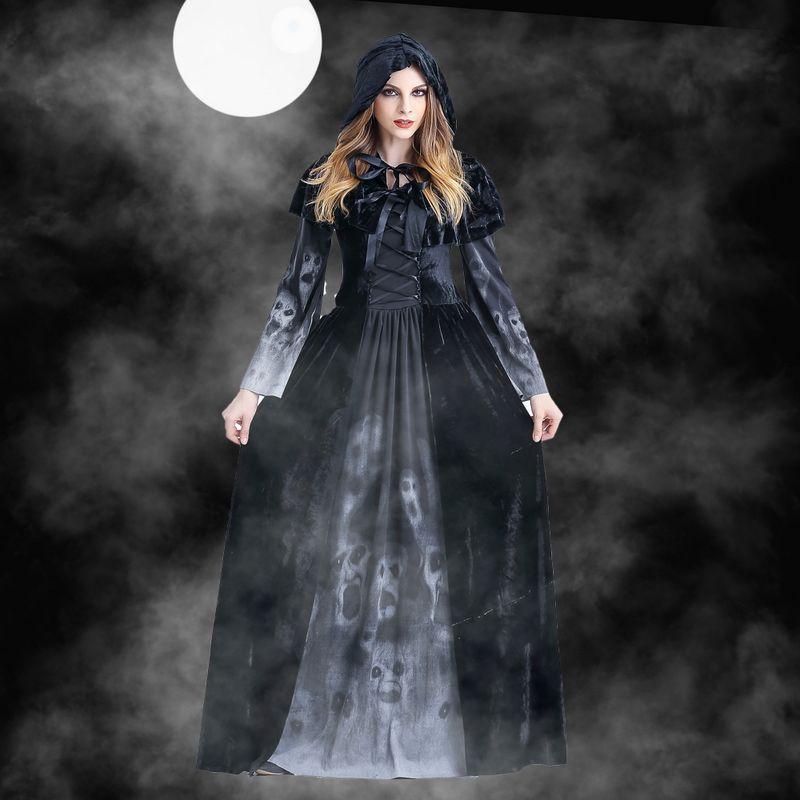 Spooky Gothic Witch Maxi Dress for Women, Black Hooded