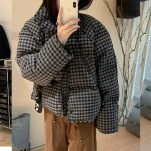 Loose, Cropped Plaid Puffer Jacket For Women