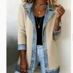 Structured Suit Collar Patchwork Denim Coat for Women