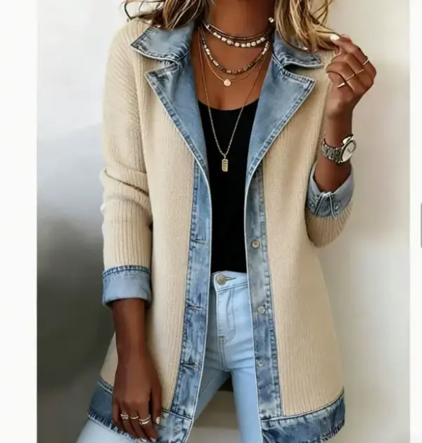 Structured Suit Collar Patchwork Denim Coat for Women