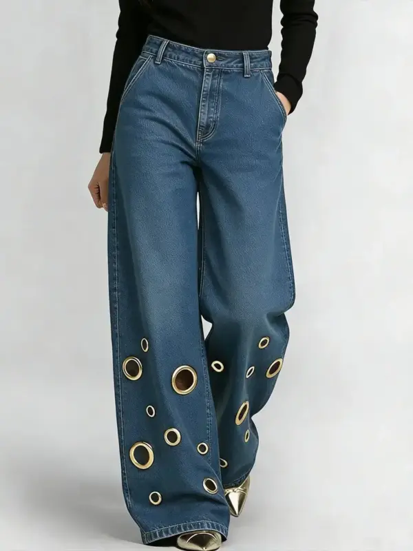 High-waisted Loose-fit Denim Jeans With Cutout Detailing And Metal Eyelets