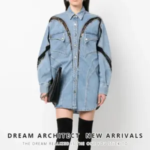 Oversized Denim Jacket Coat with Blue-Black Contrast Lace