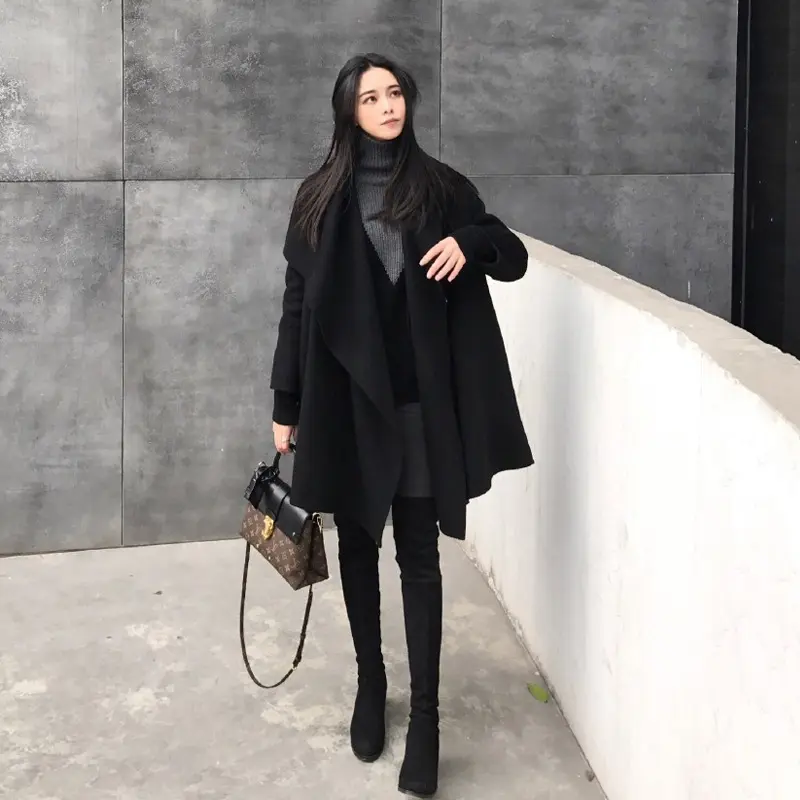 Black Irregular Loose Cloak Woolen Coat for Easy Movement