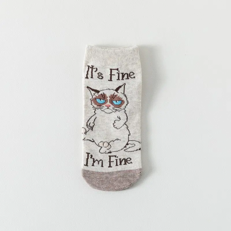 Cat Pattern Women's Straight Socks, Cartoon Animal Casual Short Socks