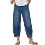 Washed Slim Fit Denim Jeans for Women with Heart Print