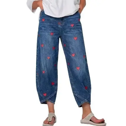 Washed Slim Fit Denim Jeans for Women with Heart Print